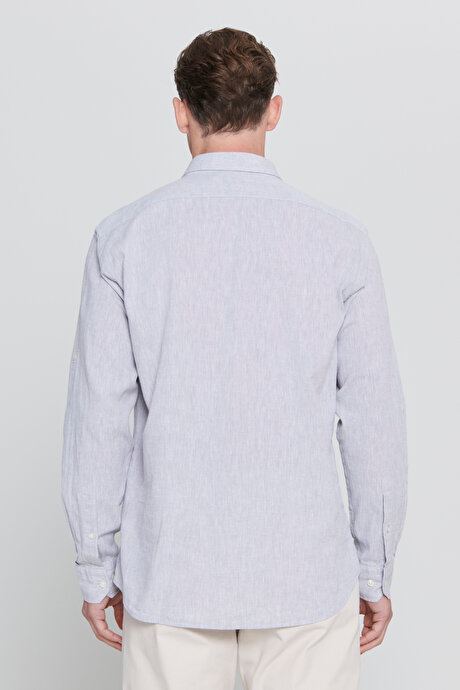 Comfort Fit Rahat Kesim Düğmeli Yaka Casual Keten Gri Gömlek resmi