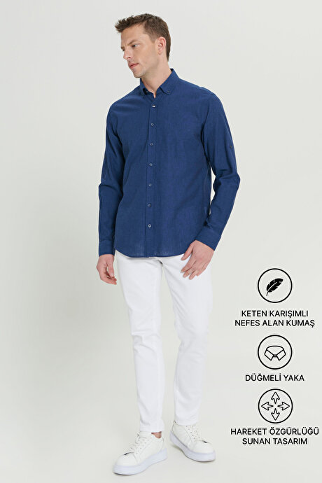 Comfort Fit Rahat Kesim Düğmeli Yaka Casual Keten İndigo Gömlek resmi
