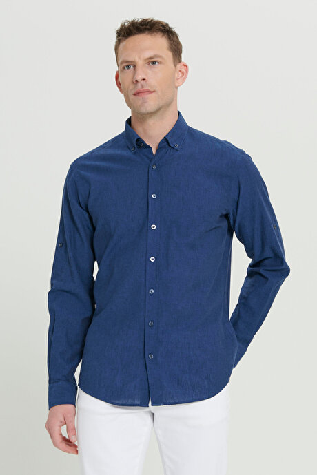 Comfort Fit Rahat Kesim Düğmeli Yaka Casual Keten İndigo Gömlek resmi