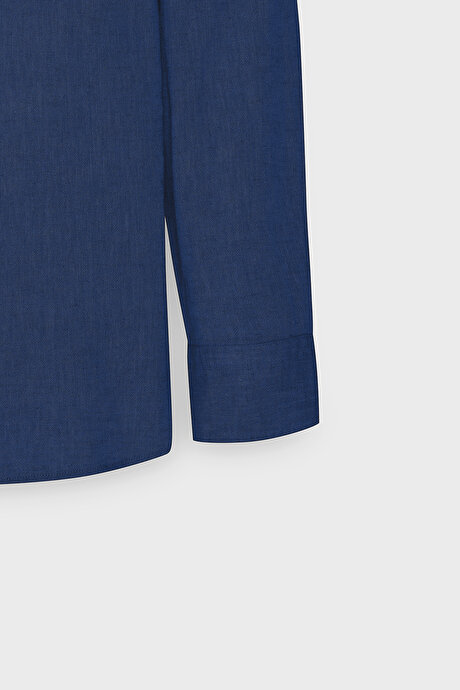 Comfort Fit Rahat Kesim Düğmeli Yaka Casual Keten İndigo Gömlek resmi