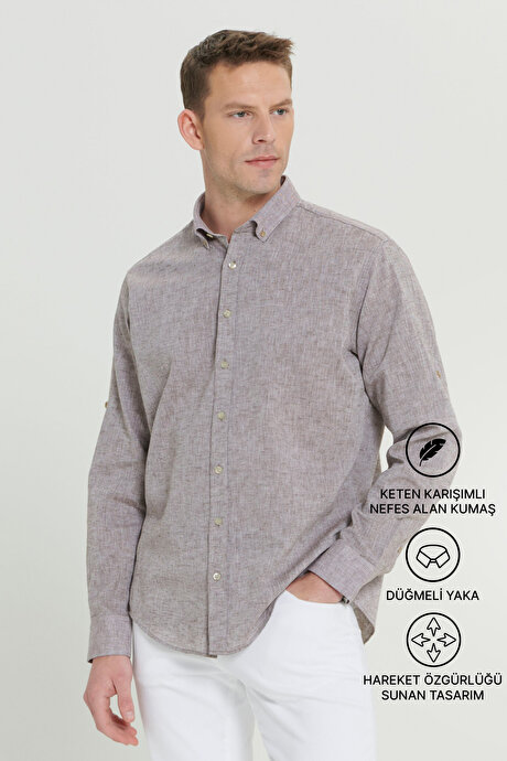 Comfort Fit Rahat Kesim Düğmeli Yaka Casual Keten Kahverengi Gömlek resmi