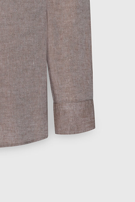 Comfort Fit Rahat Kesim Düğmeli Yaka Casual Keten Kahverengi Gömlek resmi