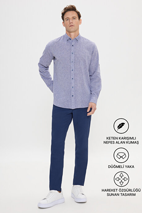 Comfort Fit Rahat Kesim Düğmeli Yaka Casual Keten Lacivert Gömlek resmi
