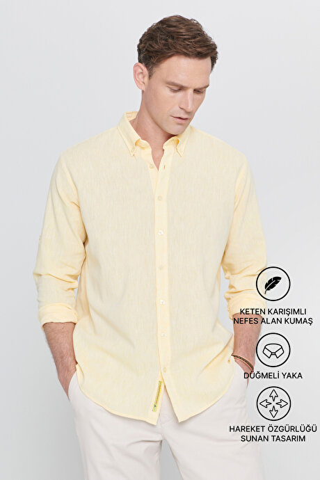 Comfort Fit Rahat Kesim Düğmeli Yaka Casual Keten Sarı Gömlek resmi