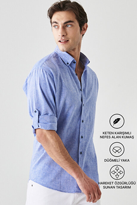 Comfort Fit Rahat Kesim Düğmeli Yaka Casual Keten Saks Gömlek resmi