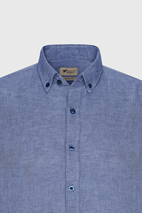 Comfort Fit Rahat Kesim Düğmeli Yaka Casual Keten Saks Gömlek resmi