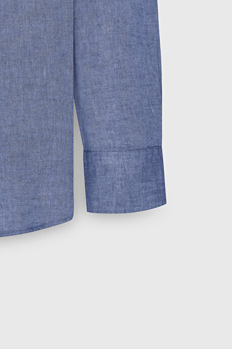 Comfort Fit Rahat Kesim Düğmeli Yaka Casual Keten Saks Gömlek resmi