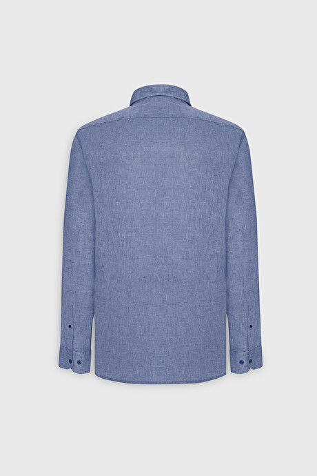 Comfort Fit Rahat Kesim Düğmeli Yaka Casual Keten Saks Gömlek resmi