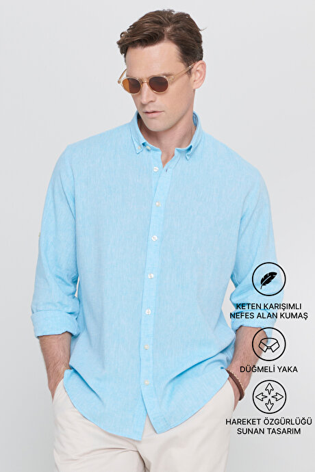 Comfort Fit Rahat Kesim Düğmeli Yaka Casual Keten Turkuaz Gömlek resmi