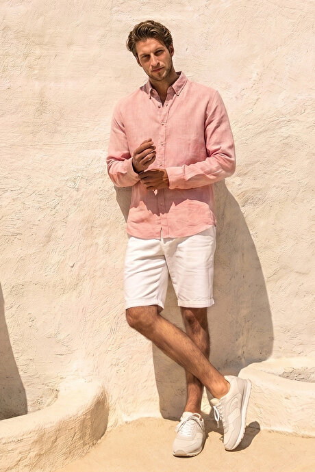Comfort Fit Rahat Kesim Düğmeli Yaka Casual Keten Yavruağzı Gömlek resmi