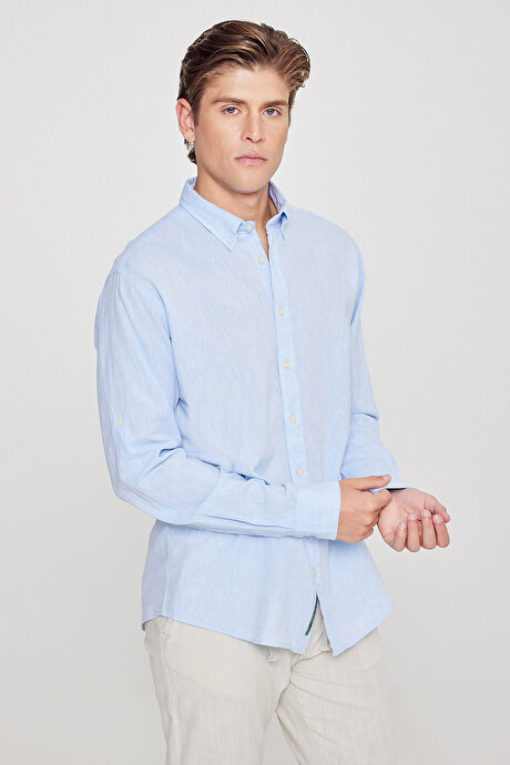 Comfort Fit Rahat Kesim Düğmeli Yaka Casual Keten Açık Mavi Gömlek resmi