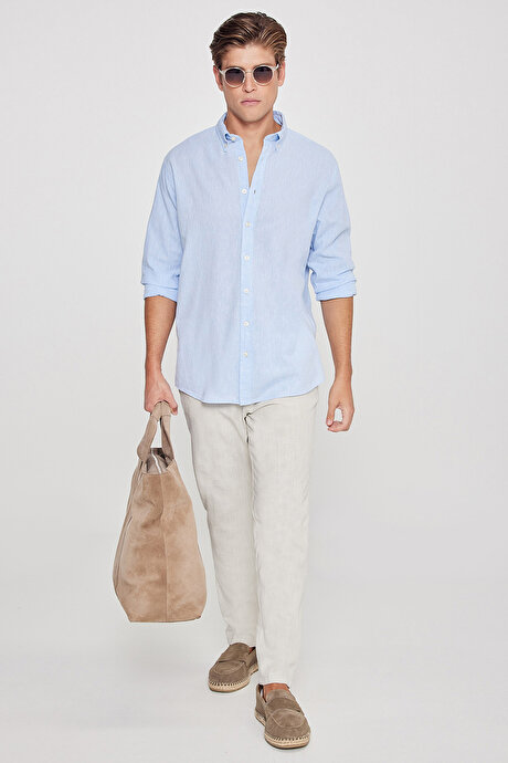Comfort Fit Rahat Kesim Düğmeli Yaka Casual Keten Açık Mavi Gömlek resmi