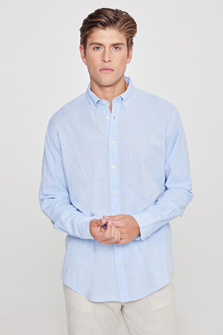 Comfort Fit Rahat Kesim Düğmeli Yaka Casual Keten Açık Mavi Gömlek resmi
