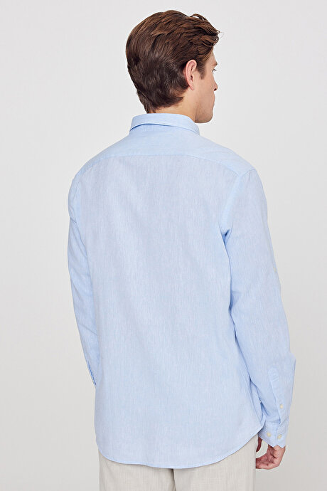Comfort Fit Rahat Kesim Düğmeli Yaka Casual Keten Açık Mavi Gömlek resmi