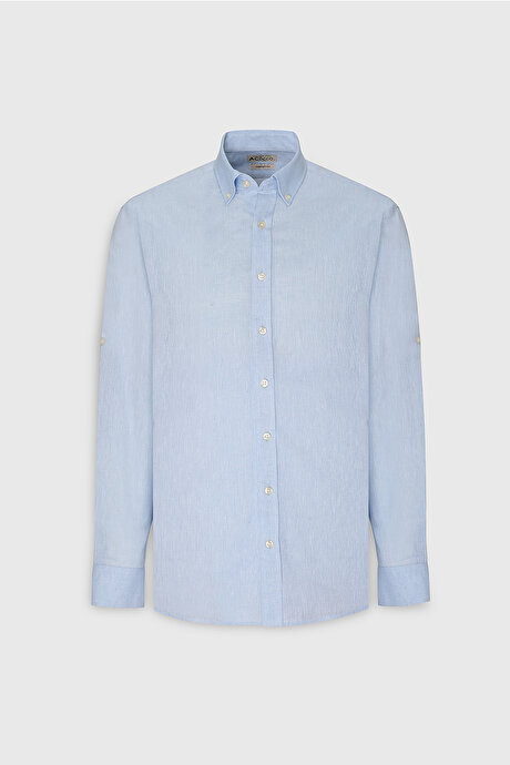 Comfort Fit Rahat Kesim Düğmeli Yaka Casual Keten Açık Mavi Gömlek resmi