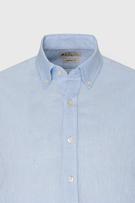 Comfort Fit Rahat Kesim Düğmeli Yaka Casual Keten Açık Mavi Gömlek resmi