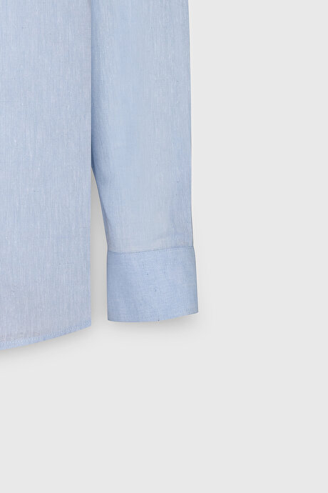 Comfort Fit Rahat Kesim Düğmeli Yaka Casual Keten Açık Mavi Gömlek resmi