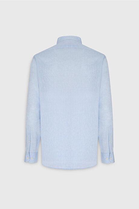 Comfort Fit Rahat Kesim Düğmeli Yaka Casual Keten Açık Mavi Gömlek resmi