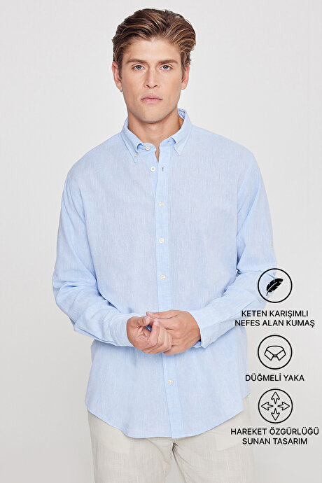 Comfort Fit Rahat Kesim Düğmeli Yaka Casual Keten Açık Mavi Gömlek resmi
