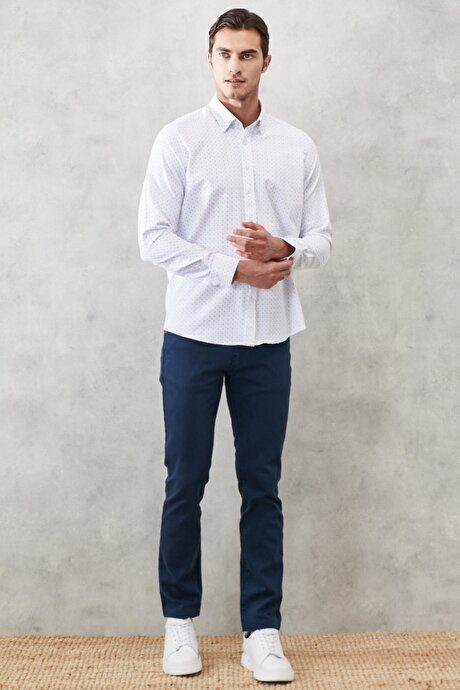 Slim Fit Dar Kesim Düğmeli Yaka Baskılı Beyaz-Mavi Gömlek resmi