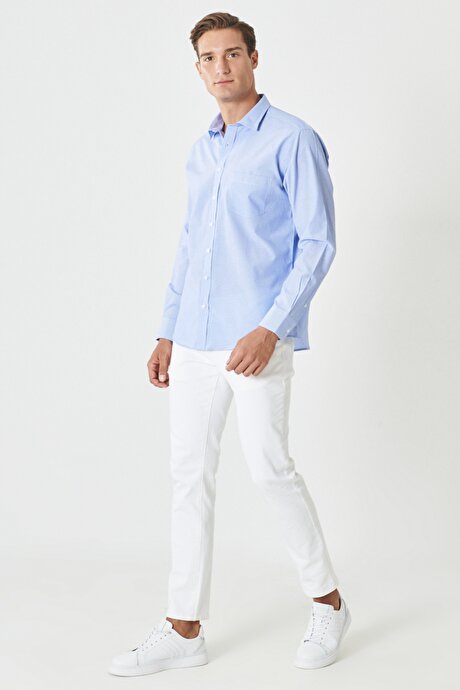 Comfort Fit Rahat Kesim Klasik Yaka Çizgili Mavi-Beyaz Gömlek resmi