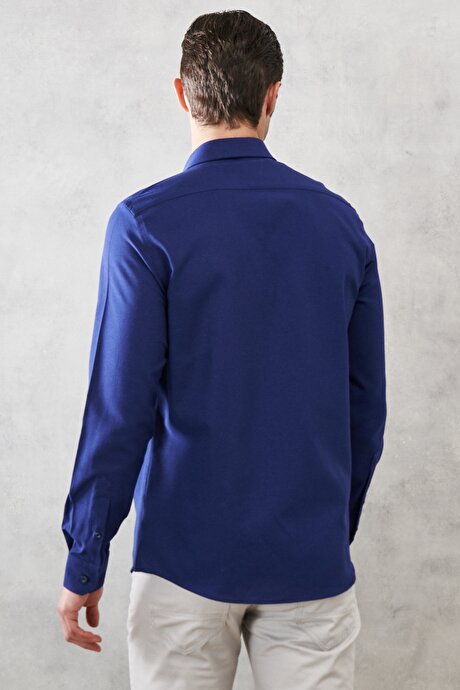 Slim Fit Dar Kesim Klasik Yaka Oxford Casual Lacivert Gömlek resmi