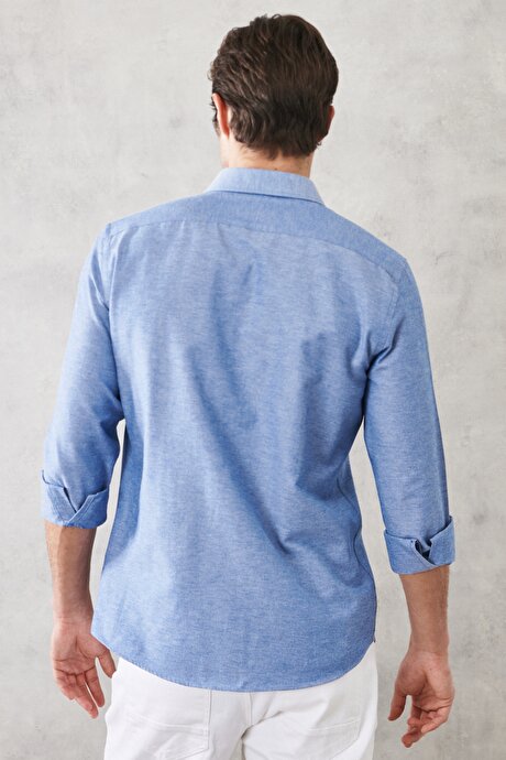Slim Fit Dar Kesim Klasik Yaka Oxford Casual Mavi Gömlek resmi