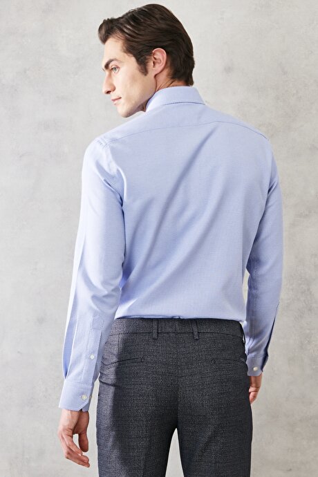 Slim Fit Dar Kesim İtalyan Yaka Armürlü Uzun Kollu Klasik Beyaz-Açık Mavi Gömlek resmi