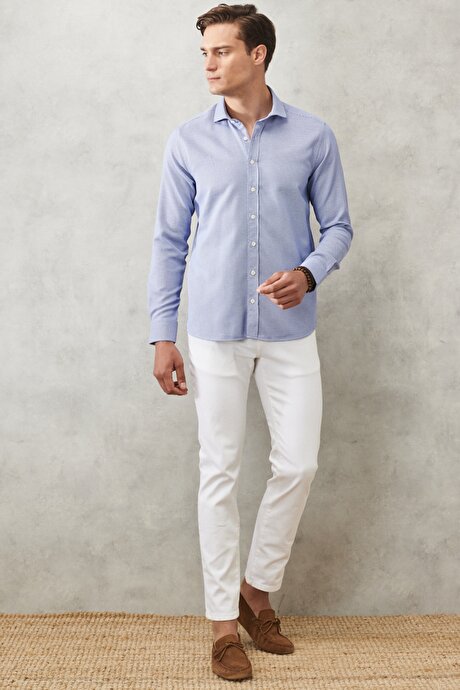 Slim Fit Dar Kesim İtalyan Yaka Armürlü Uzun Kollu Klasik Beyaz-Mavi Gömlek resmi