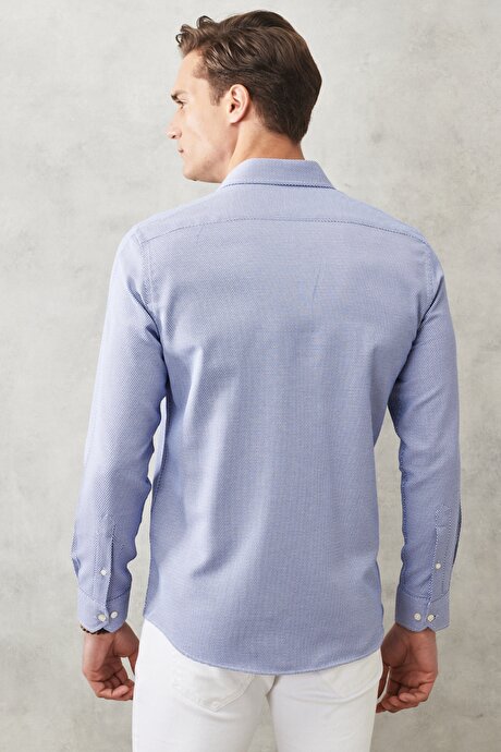 Slim Fit Dar Kesim İtalyan Yaka Armürlü Uzun Kollu Klasik Beyaz-Mavi Gömlek resmi
