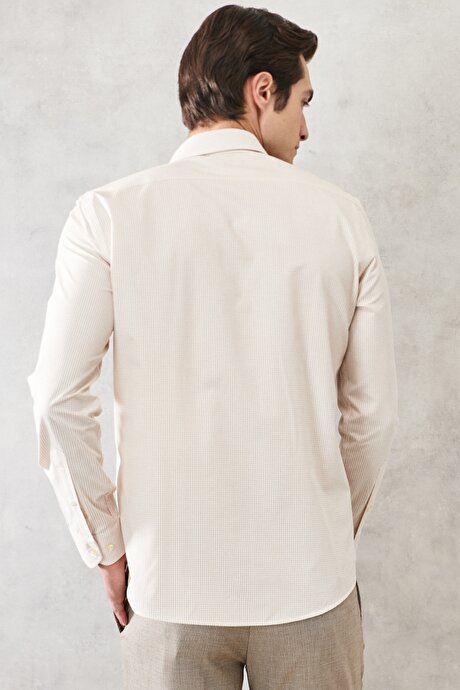 Slim Fit Dar Kesim İtalyan Yaka Baskılı Beyaz-Bej Gömlek resmi