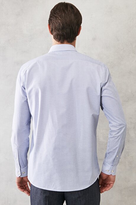 Slim Fit Dar Kesim İtalyan Yaka Baskılı Beyaz-Lacivert Gömlek resmi