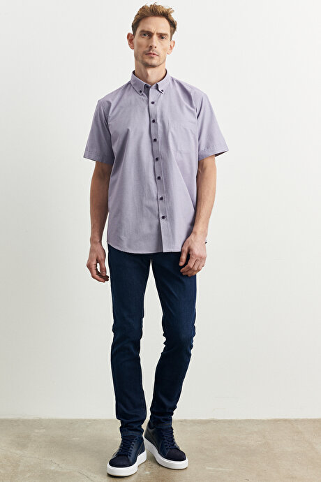 Comfort Fit Rahat Kesim Düğmeli Yaka Armürlü Lila-Mor Gömlek resmi