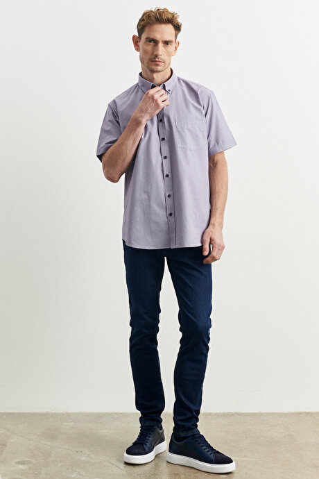 Comfort Fit Rahat Kesim Düğmeli Yaka Armürlü Lila-Mor Gömlek resmi