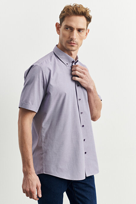 Comfort Fit Rahat Kesim Düğmeli Yaka Armürlü Lila-Mor Gömlek resmi