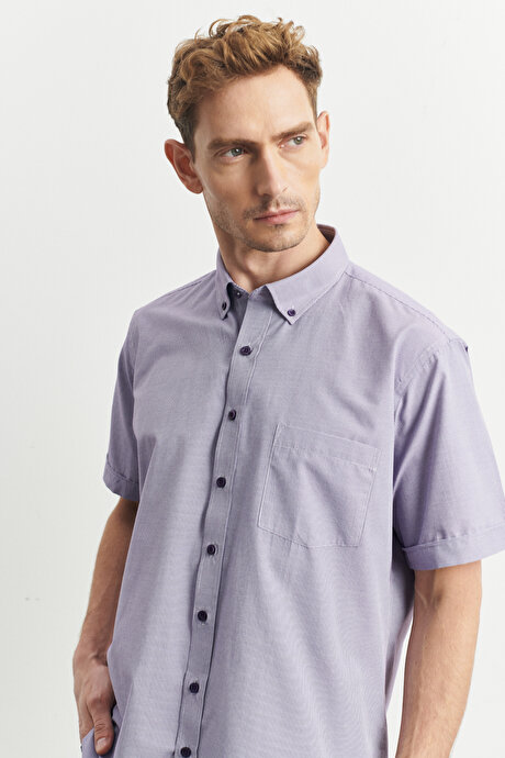 Comfort Fit Rahat Kesim Düğmeli Yaka Armürlü Lila-Mor Gömlek resmi