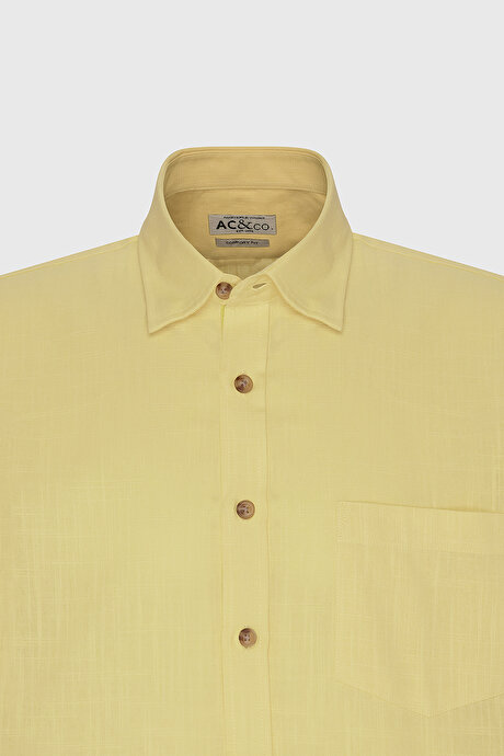 Comfort Fit Rahat Kesim Gizli Düğmeli Yaka Keten Görünümlü %100 Pamuk Flamlı Açık Sarı Gömlek resmi
