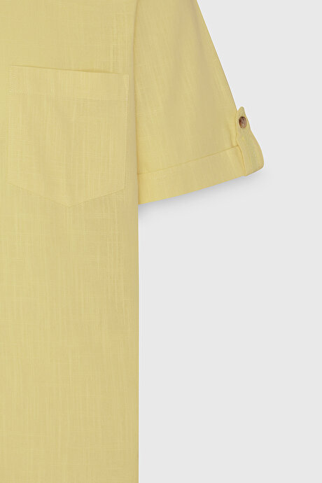 Comfort Fit Rahat Kesim Gizli Düğmeli Yaka Keten Görünümlü %100 Pamuk Flamlı Açık Sarı Gömlek resmi
