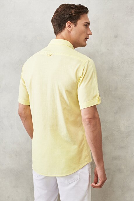 Comfort Fit Düğmeli Yaka %100 Pamuk Flamlı Açık Sarı Gömlek resmi
