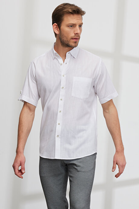 Comfort Fit Düğmeli Yaka %100 Pamuk Flamlı Beyaz Gömlek resmi