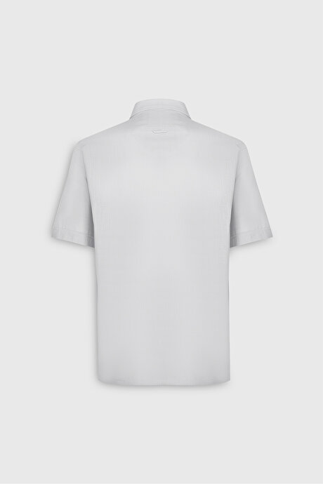 Comfort Fit Rahat Kesim Gizli Düğmeli Yaka Keten Görünümlü %100 Pamuk Flamlı Beyaz Gömlek resmi