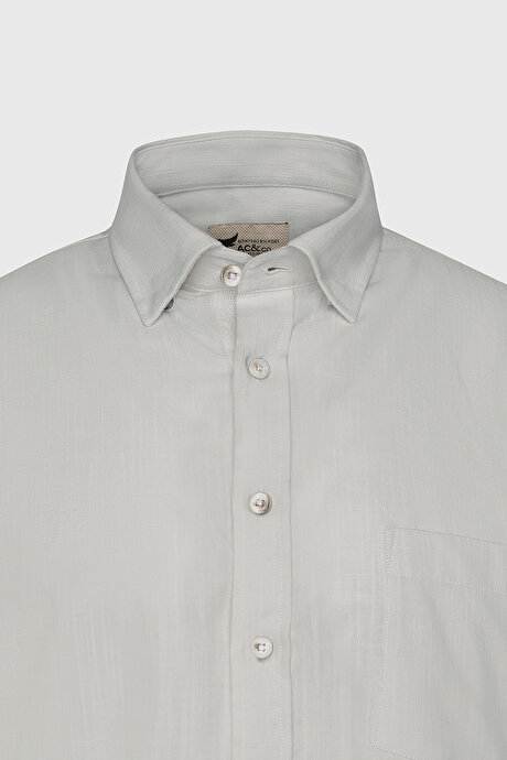 Comfort Fit Rahat Kesim Gizli Düğmeli Yaka Keten Görünümlü %100 Pamuk Flamlı Gri Gömlek resmi