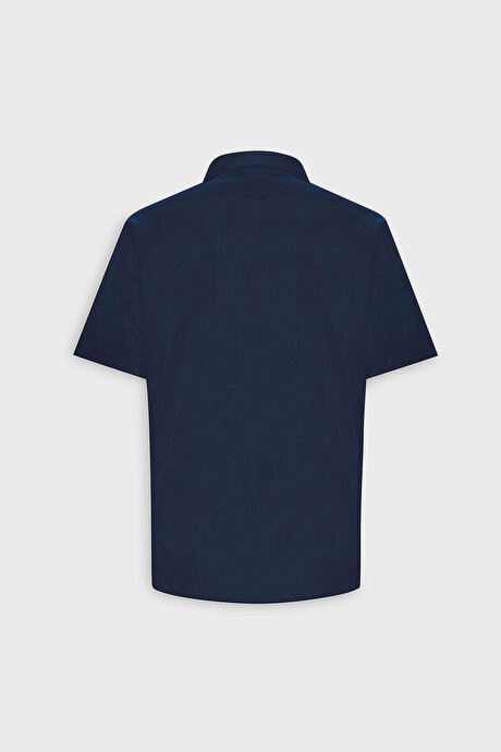 Comfort Fit Rahat Kesim Gizli Düğmeli Yaka Keten Görünümlü %100 Pamuk Flamlı Lacivert Gömlek resmi