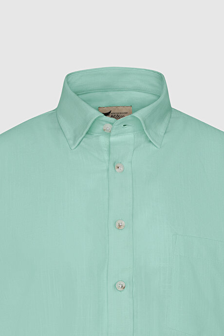 Comfort Fit Rahat Kesim Gizli Düğmeli Yaka Keten Görünümlü %100 Pamuk Flamlı Mint Gömlek resmi