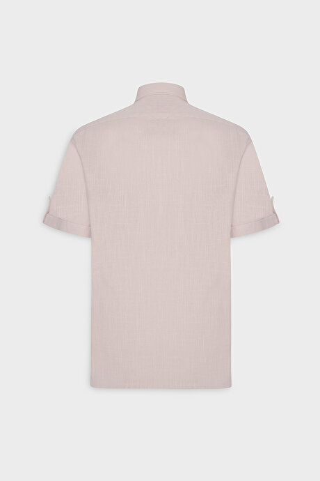 Comfort Fit Rahat Kesim Gizli Düğmeli Yaka Keten Görünümlü %100 Pamuk Flamlı Pembe Gömlek resmi