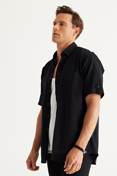 Comfort Fit Rahat Kesim Gizli Dügmeli Yaka Keten Görünümlü %100 Pamuk Flamli Siyah Gömlek resmi