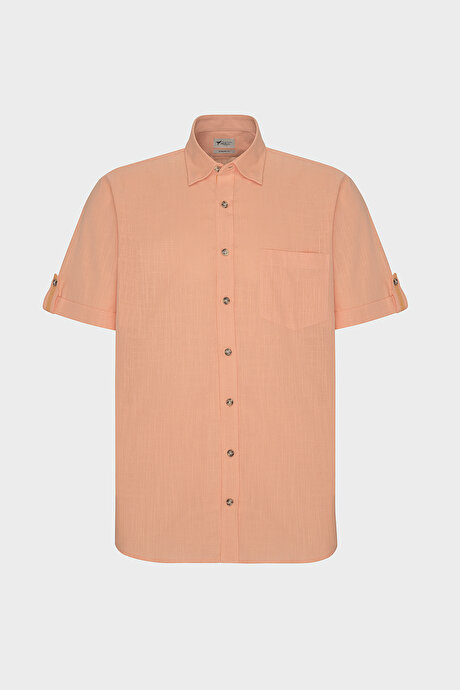 Comfort Fit Rahat Kesim Gizli Düğmeli Yaka Keten Görünümlü %100 Pamuk Flamlı Turuncu Gömlek resmi