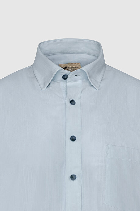 Comfort Fit Rahat Kesim Gizli Düğmeli Yaka Keten Görünümlü %100 Pamuk Flamlı Açık Mavi Gömlek resmi