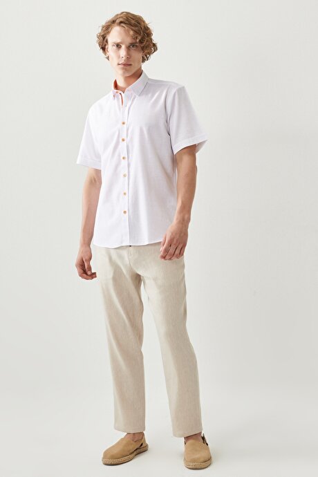 Slim Fit %100 Pamuk Düğmeli Yaka Flamlı Beyaz-Turuncu Gömlek resmi