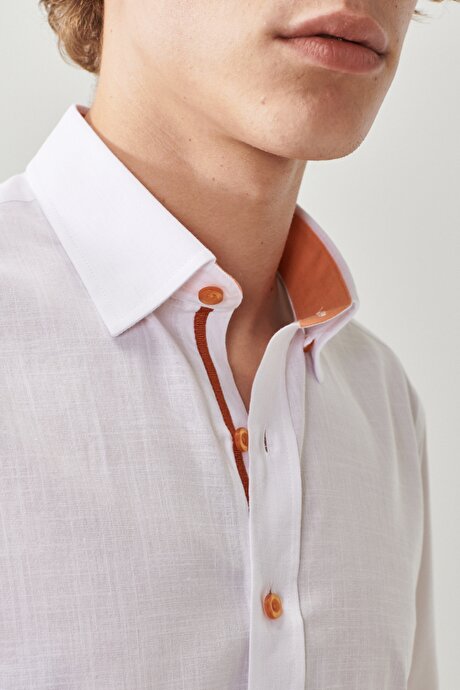 Slim Fit %100 Pamuk Düğmeli Yaka Flamlı Beyaz-Turuncu Gömlek resmi